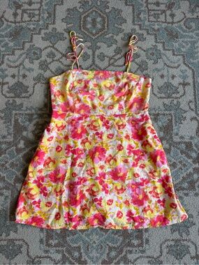 Floral water color yellow red pink mini dress tie shoulder strap with pockets XL